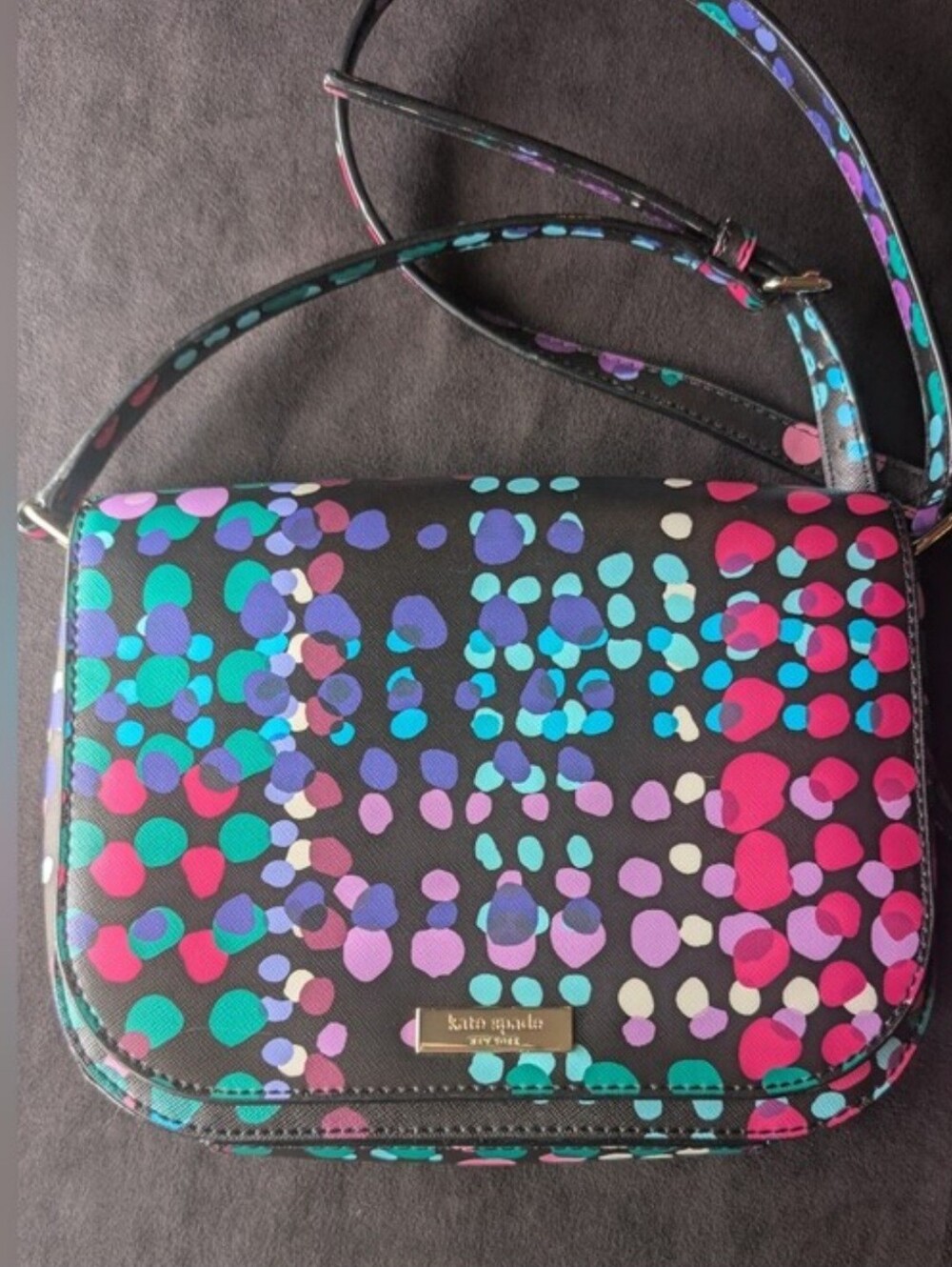 Kate Spade Laurel Way Dotty Plaid  Black Crossbody with Pink and Teal Dot Print